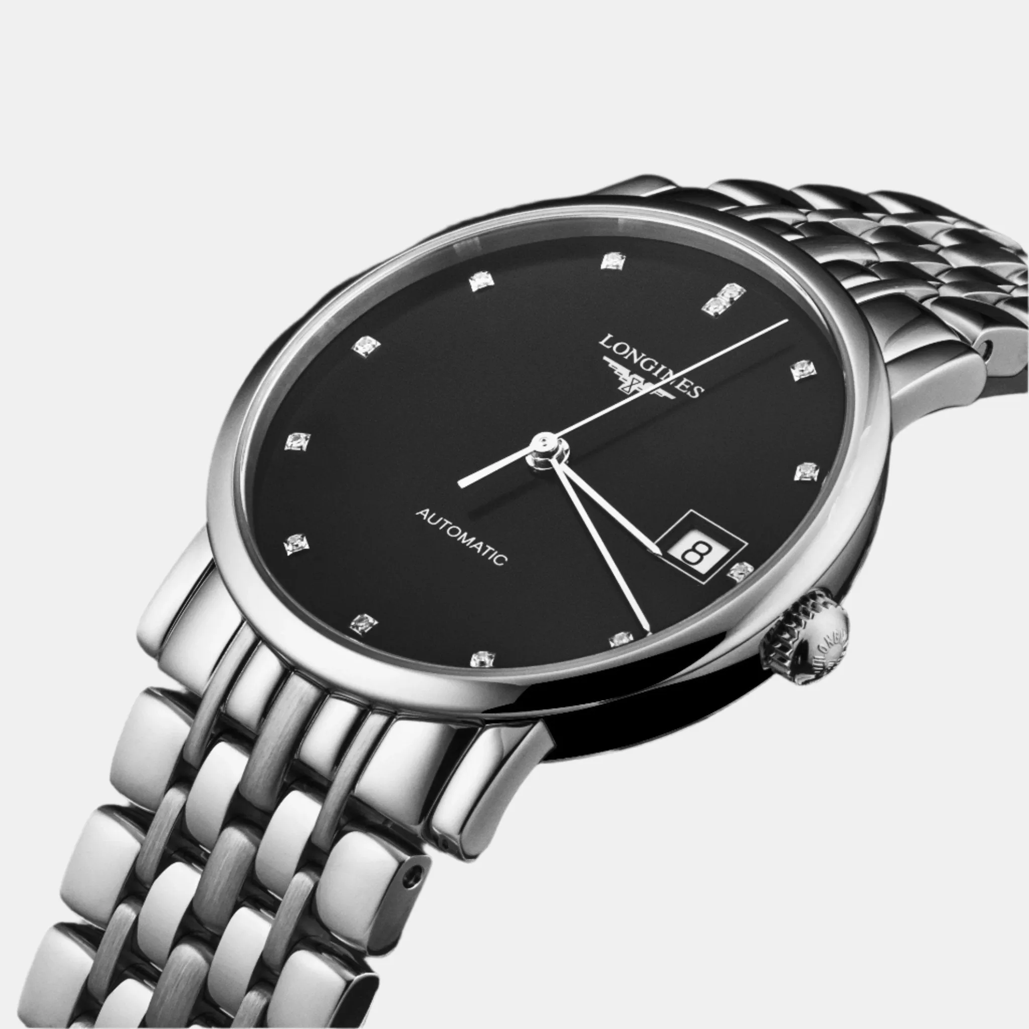 Longines Elegant Stainless Steel Black Dial Diamond Automatic Men's Watch L4.809.4.11.2